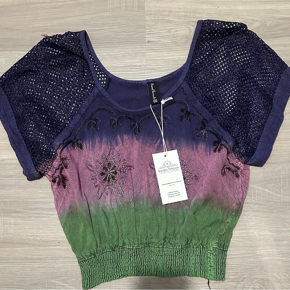 S/M.  NWT. Sacred Threads Purple, Pink, and Green Embroidered Crop Top.  CL/GR09